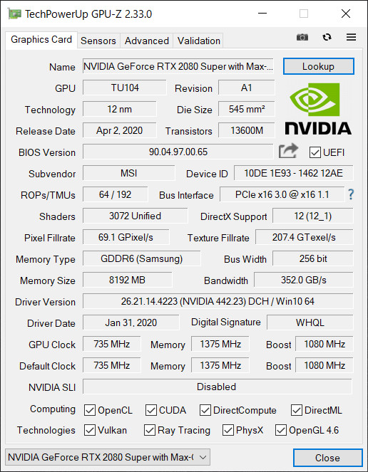 モバイル版GeForce RTX 2080 SUPERのスペック(GPU-Z)