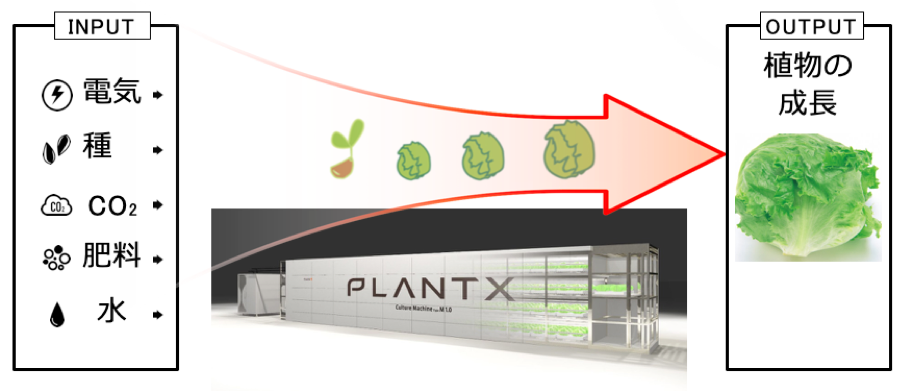 センサー、ソフトウェア、コントローラーからなる、植物成長制御システム「SAIBAIX」を開発。電気・種・CO2・肥料・水といったインプットと、植物成長というアウトプットを紐付けたシステムとなっており、センサー測定値・コスト指標値・植物の成長指標値をリアルタイムでコントロールできる