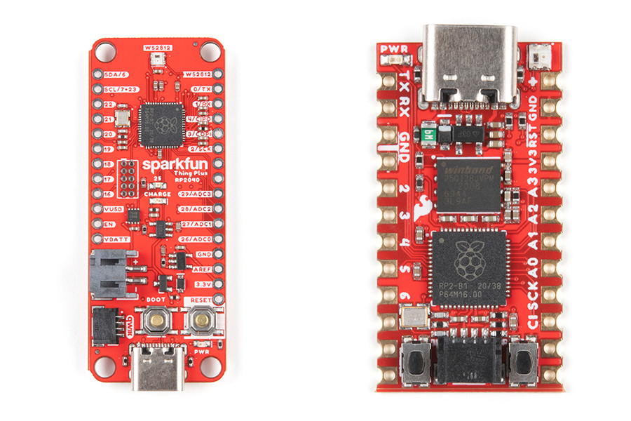 SparkFun Thing Plus – RP2040（写真左）。SparkFun Pro Micro - RP2040（写真右）