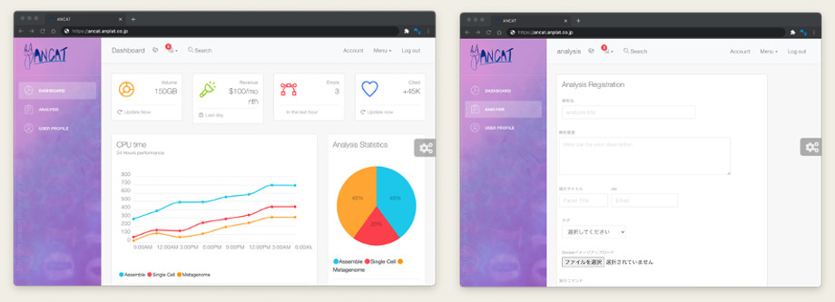 解析プラットフォーム「ANCAT」のダッシュボード(左)と解析登録画面(右)
