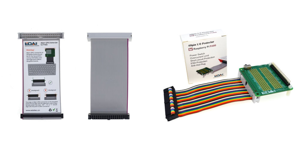 写真左は「Raspberry Pi 400用40ピンGPIOエクステンダー」、写真右が「Raspberry Pi 400用 40ピン I/Oプロテクター」