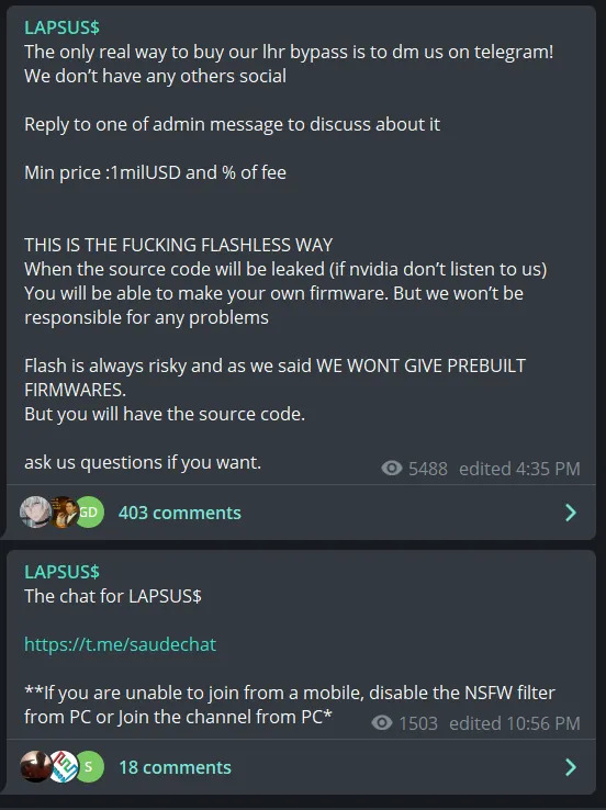 NVIDIAを攻撃のハッキンググループLapsus$、「マイニング制限回避ツールを1億円以上で買い取れ」と脅迫か